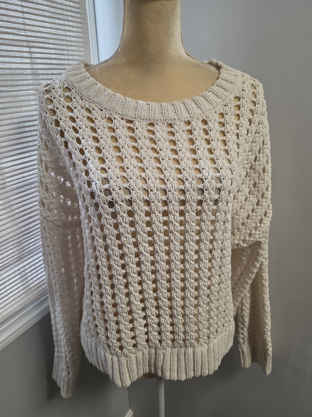 Joie Womens Open Knit Crochet Pullover Sweater Ivory Soft Relaxed Fit Size XL